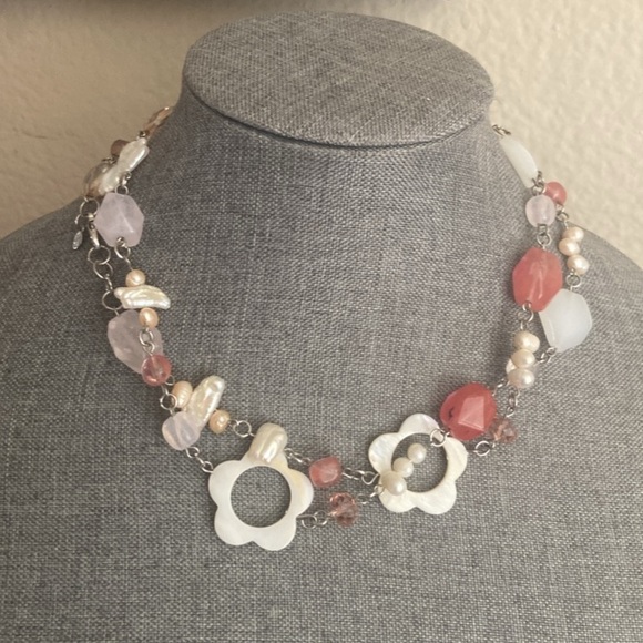 Vintage 90s Cultured Pearls BIWA Pearls Mother of Pearl Lucite & Glass Necklace - Picture 3 of 4